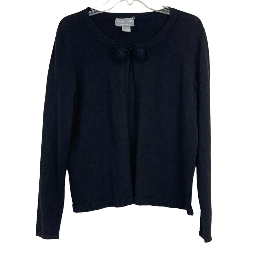 Snappy Gator Black Cashmere Rosette Trim Accented Cardigan Sweater Womens Size L